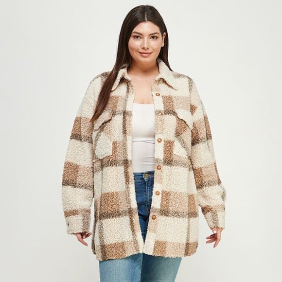 maiva & dusk Jackets & Blazers - Devan Teddy Plaid Shirt Jacket - Mocha